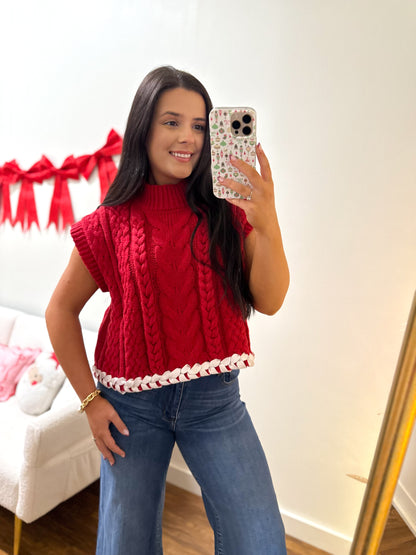 Red Contrast Stitch Sweater