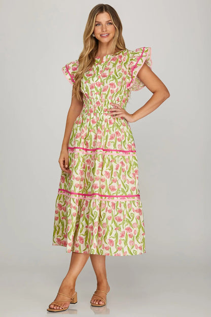 Ruffle Pink Floral Maxi Dress