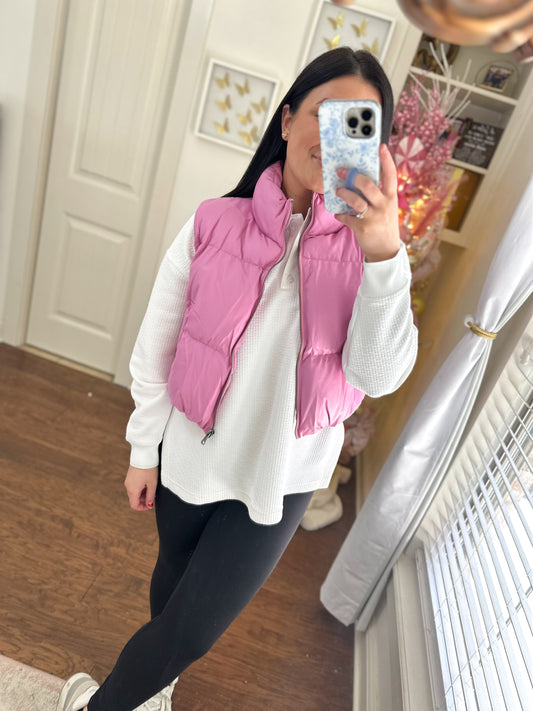 Pink Leather Puffer Vest