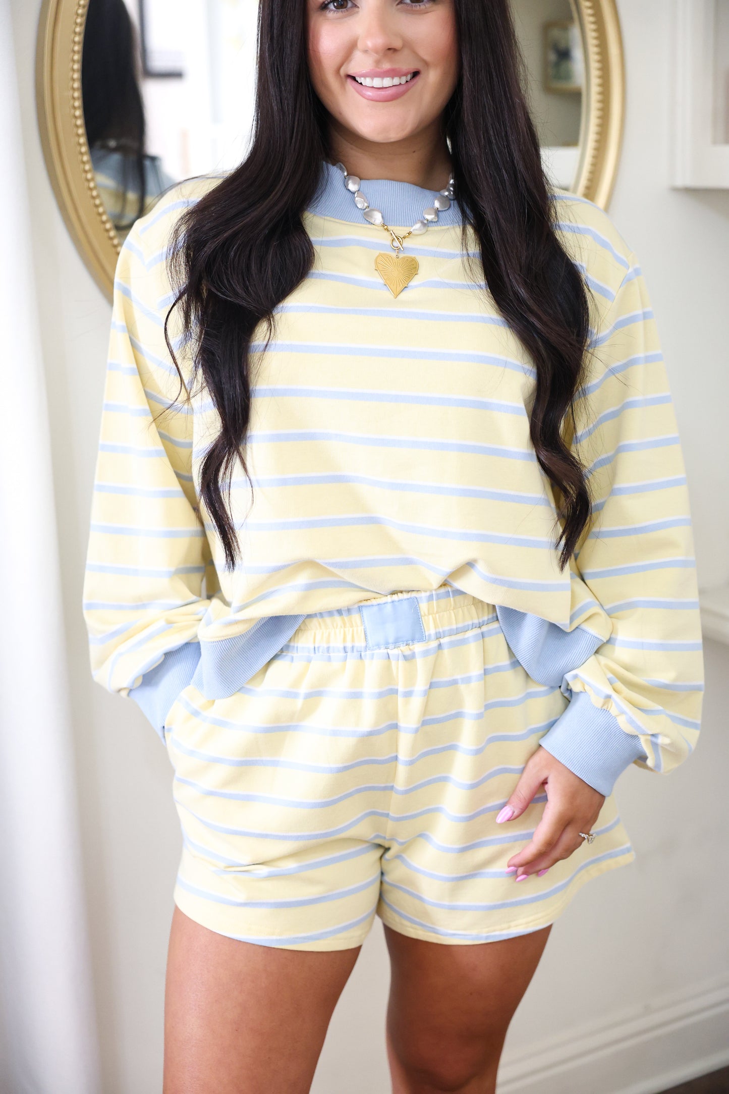 Pastel Blue & Yellow Mock Neck Short Set