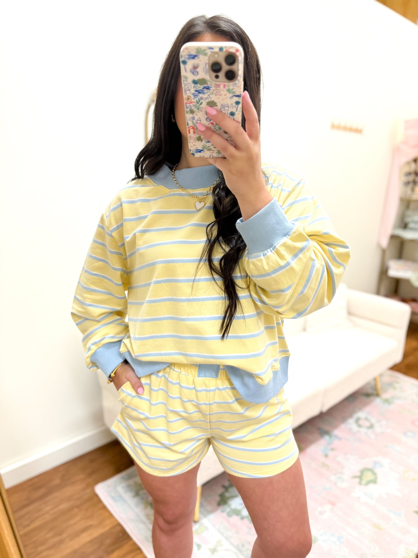 Pastel Blue & Yellow Mock Neck Short Set