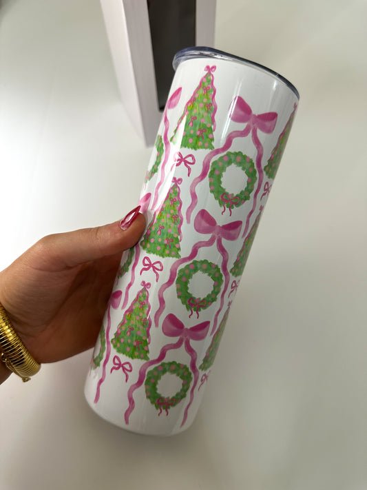 20 oz Skinny Tumbler- Pink Bow Tree and Wreaths Pattern