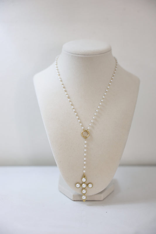 Pearl Cross Drop Necklace