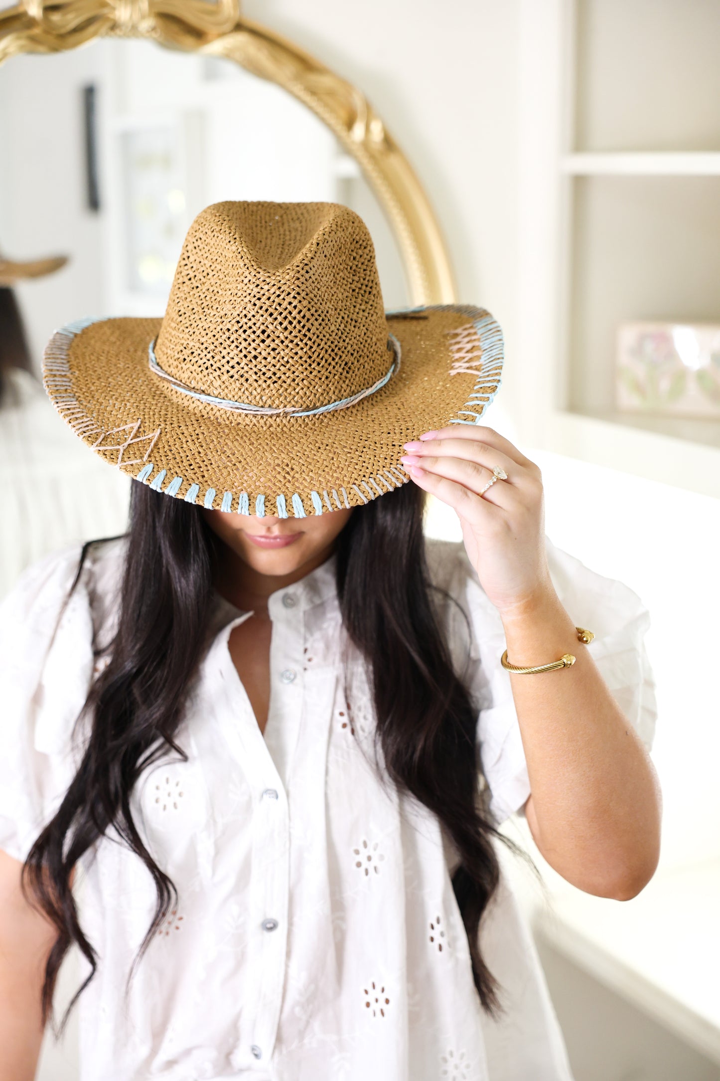 Multi-Colored Stitched Brim Sun Hat - Blue
