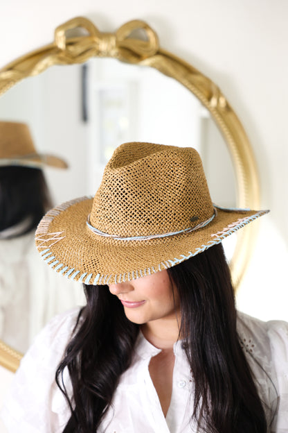 Multi-Colored Stitched Brim Sun Hat - Blue