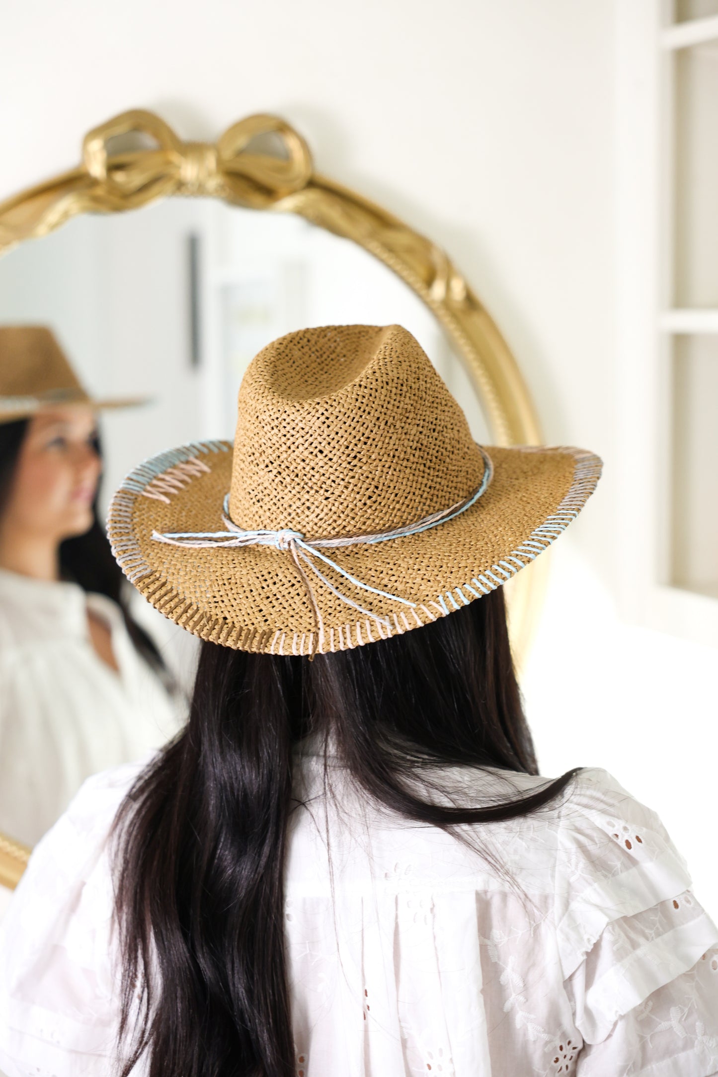Multi-Colored Stitched Brim Sun Hat - Blue