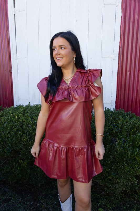 Burgundy Leather Ruffle Dress