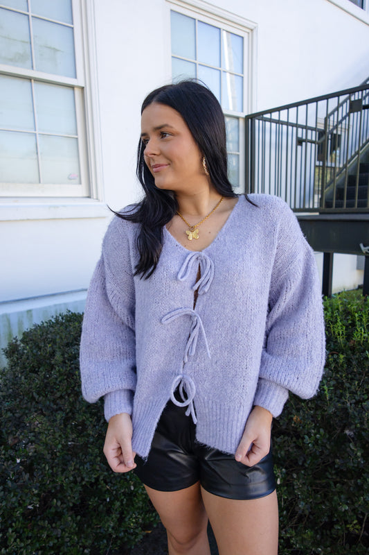 Lilac Self Tie Cardigan Sweater