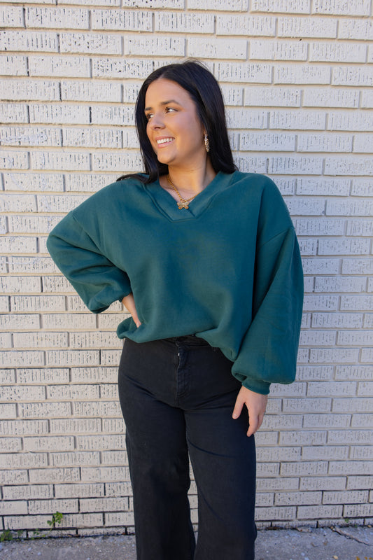 Hunter Green Oversized V-Neck Sweatshirt