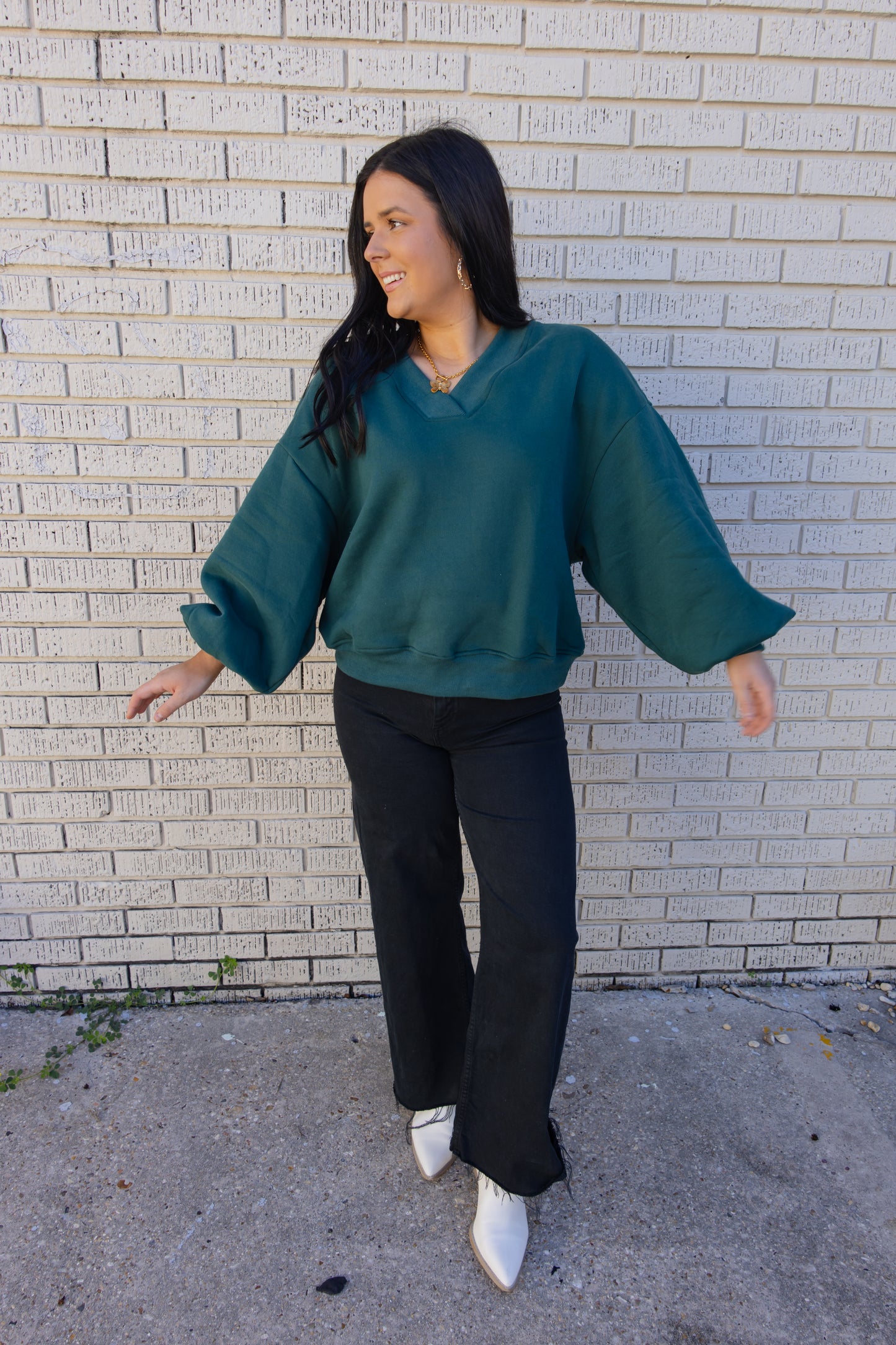 Hunter Green Oversized V-Neck Sweatshirt