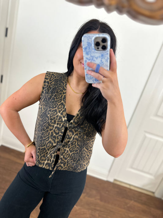 Leopard Front Tie Denim Vest