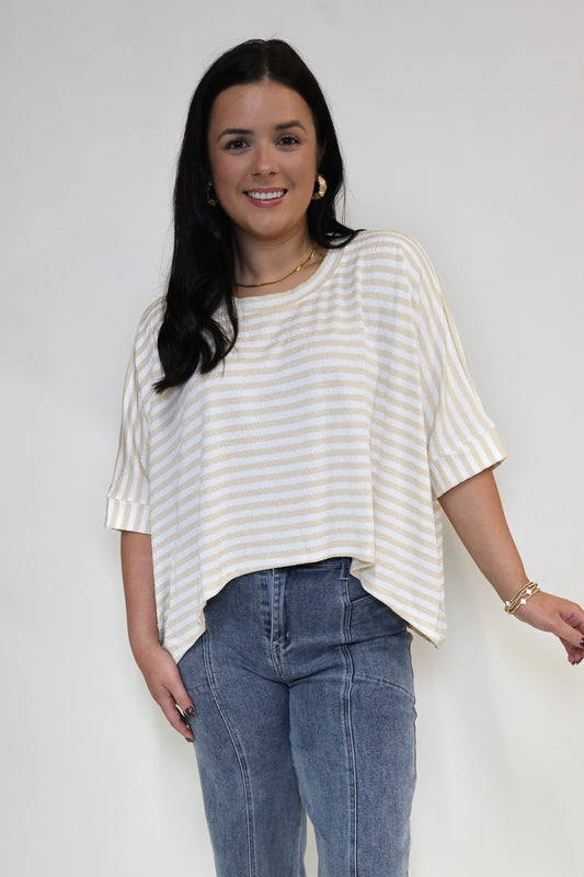 Beige & White Oversized Top