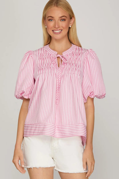 Pink Striped Puff Sleeve Top