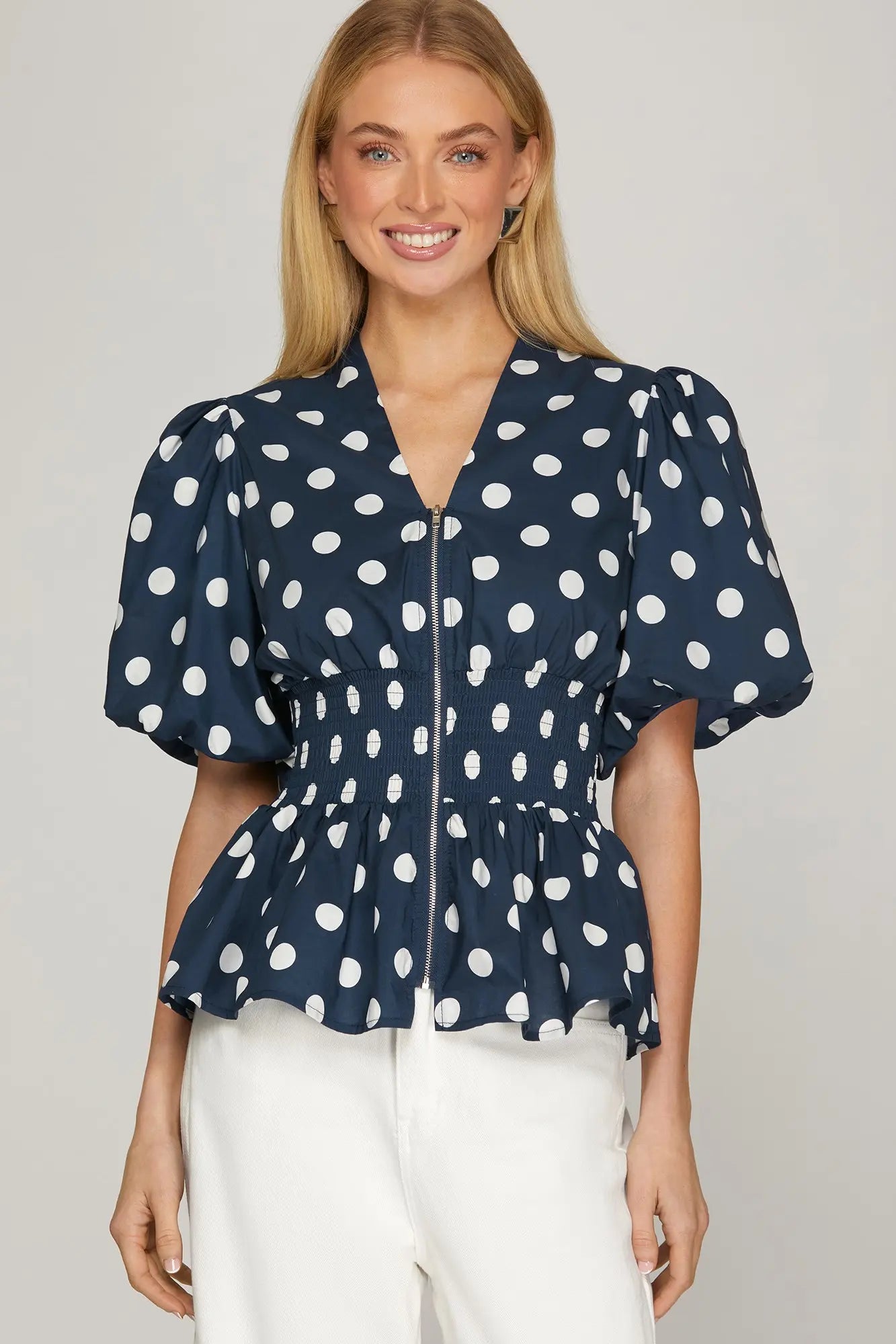 Navy Polka Dot Smocked Top