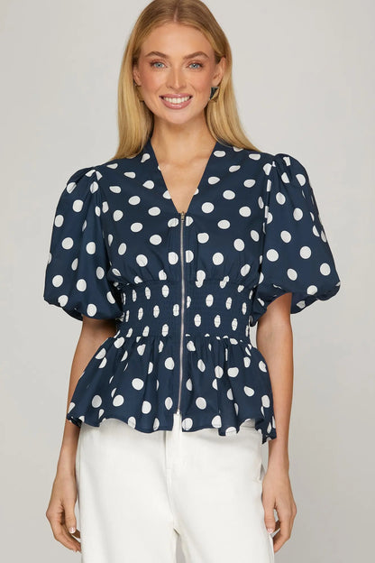 Navy Polka Dot Smocked Top