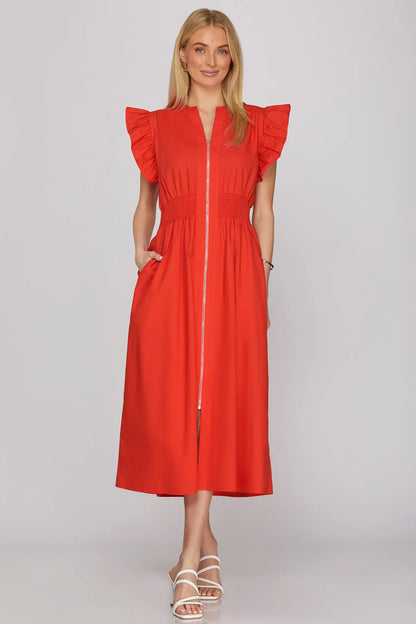 Red Ruffle Zipper Dress