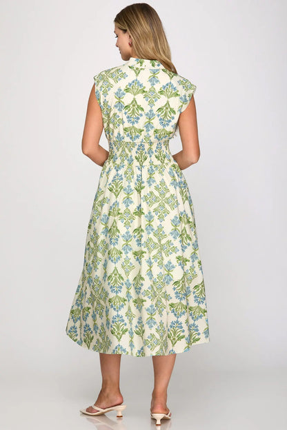 Floral Green And Blue Zipper Dress