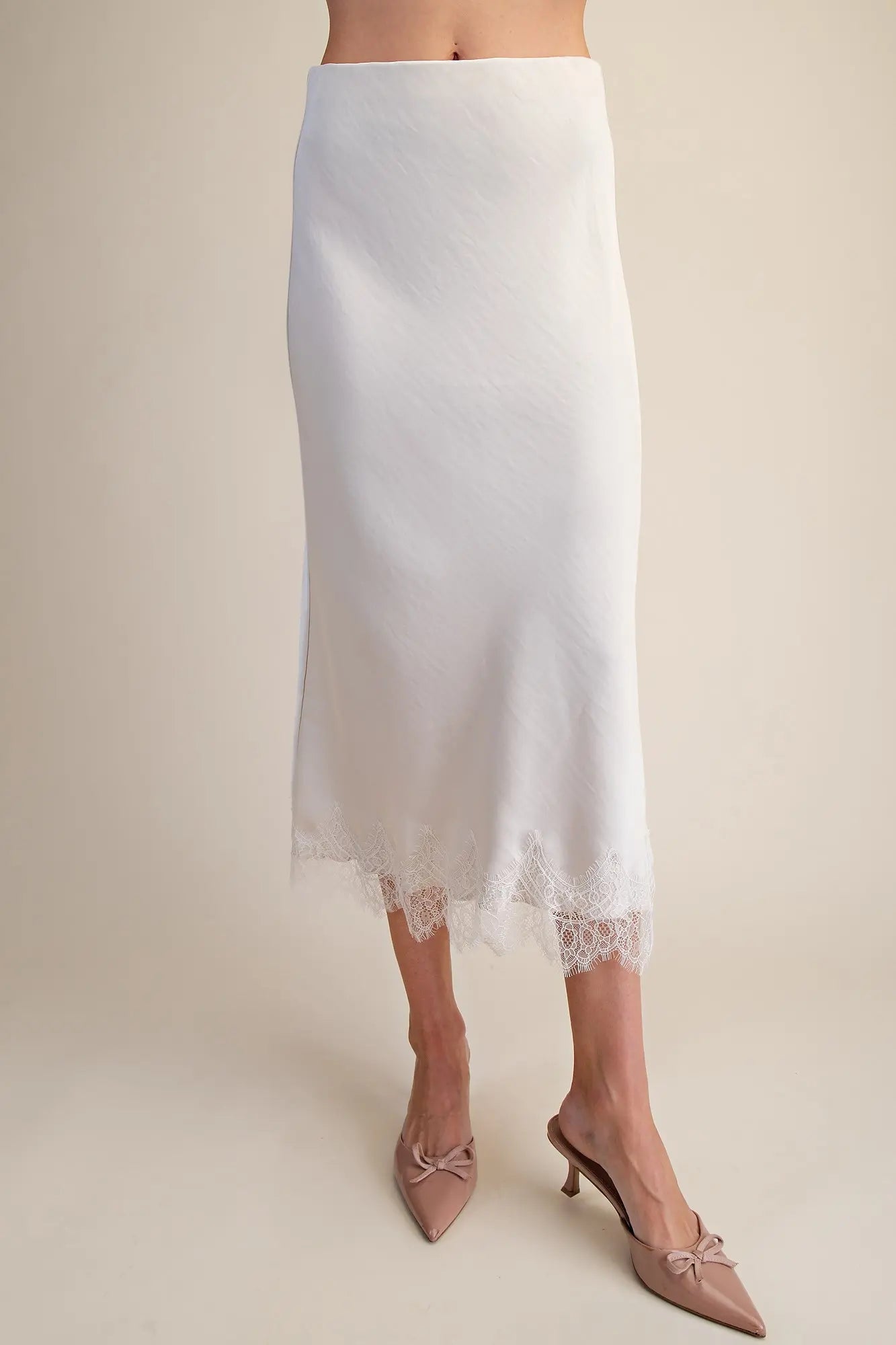 Cream Satin Lace Midi Skirt