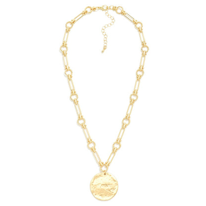 Chain Link Twisted Metal Circle & Pendant Necklace