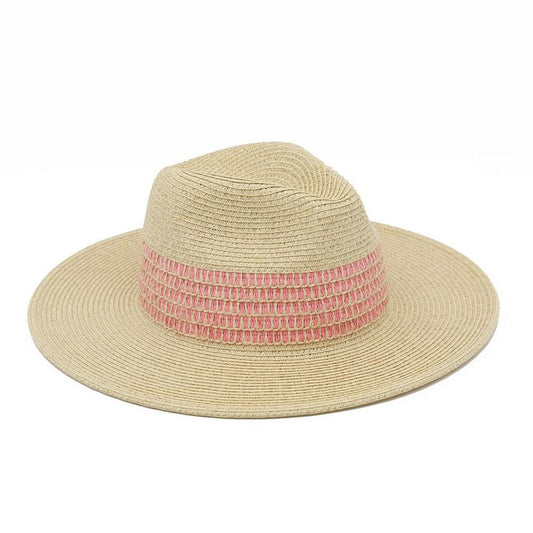 Striped Woven Straw Fedora - Pink