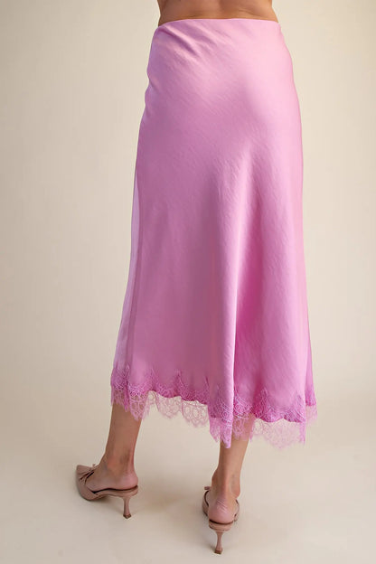 Pink Satin Lace Midi Skirt