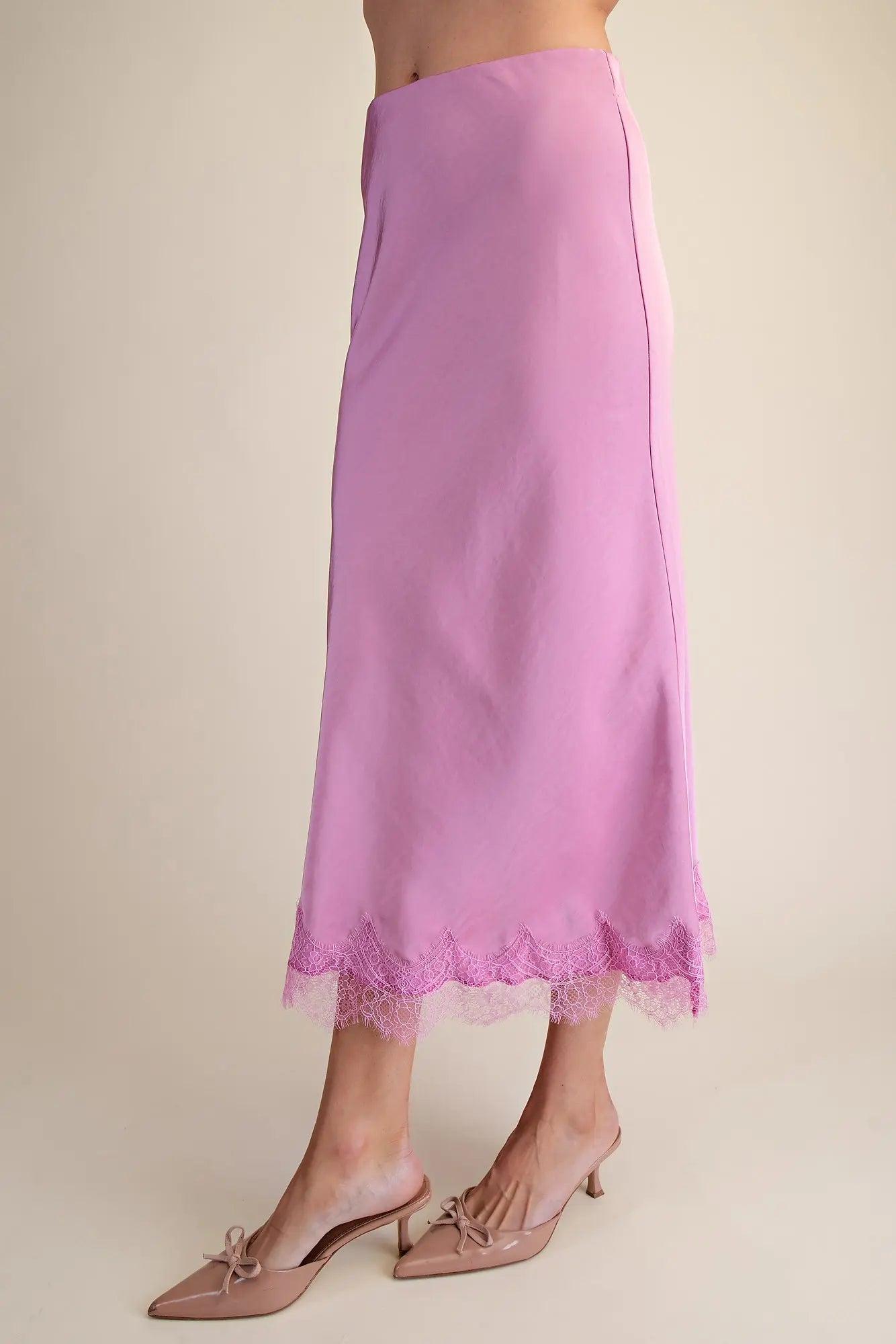 Pink Satin Lace Midi Skirt