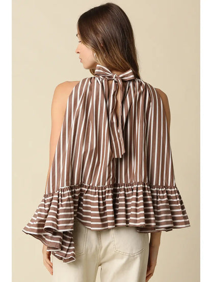 Brown Stripe Halter Ruffle Blouse